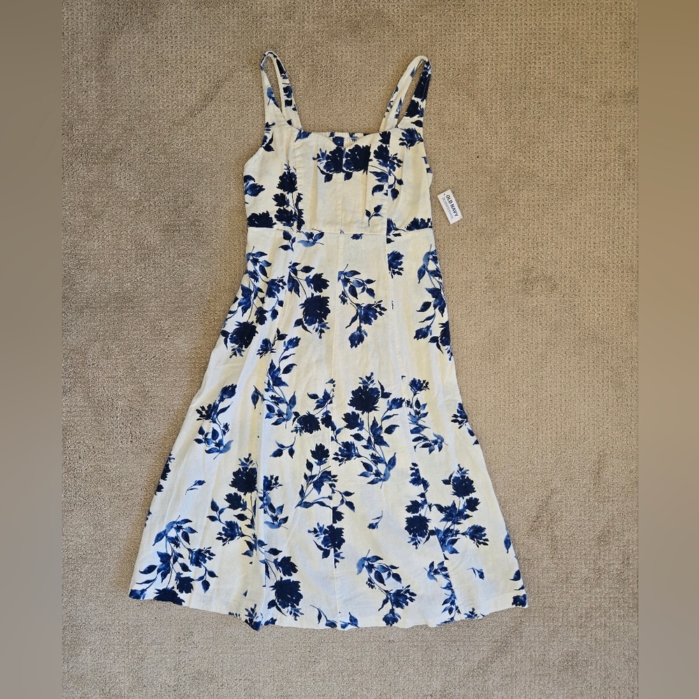 NWT Old Navy Blue Floral Fit & Flare Linen Dress Size M - Picture 6 of 9